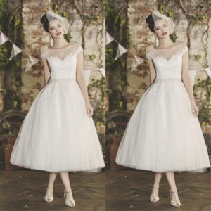 Scoop Neck Wedding Dresses Short Sleeves Tea Length Lace A Line Bridal Gowns - Picture 1 of 10