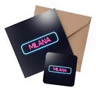 1 X Greeting Card & Coaster Set - Neon Sign Design Milana Name #353348