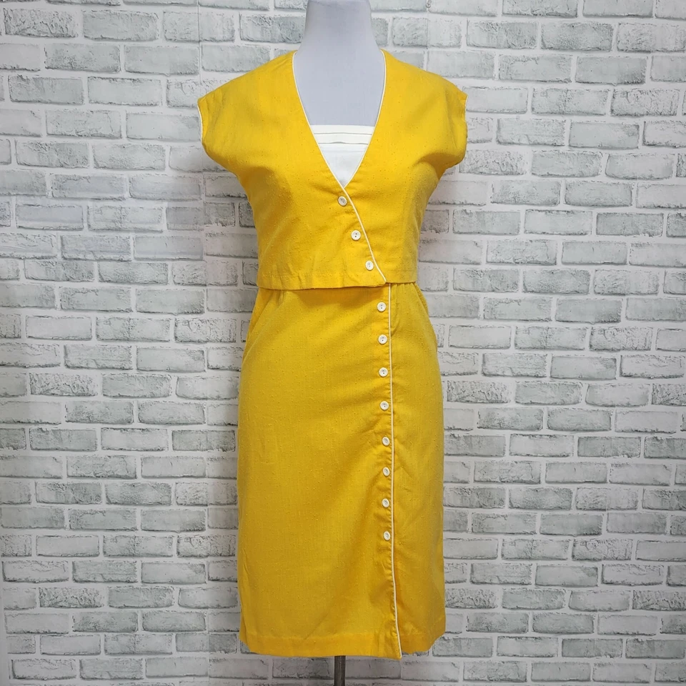Vintage Anos 70 Trivia By Charm of Hollywood 2 peças Vestido Bolero Conjunto Colorblock Amarelo - Imagem 1 de 4