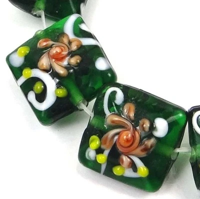 6 Lampwork Handmade Glass Green Emerald with Primrose Flower Square Beads 16mm - Image 1 of 2