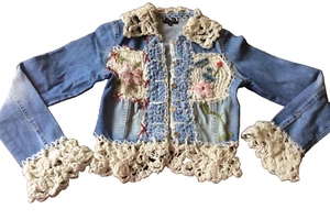 VINTAGE CASTA & PURO EMBROIDERED CROCHET,BOHO LOGO BEADED,DENIM JACKET SZ S/UK 8 - Picture 1 of 14