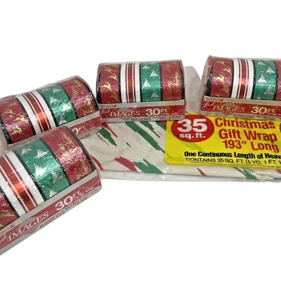 Christmas Ribbon Wrapping Paper Lot Cleo Foil Images Red Green White 120 Ft Vtg - Image 1 of 4