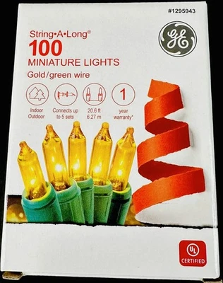 GOLD MINIATURE STRING•A•LONG LIGHTS-GENERAL ELECTRIC-20 FT-100 Count Green Wire - Image 1 of 2