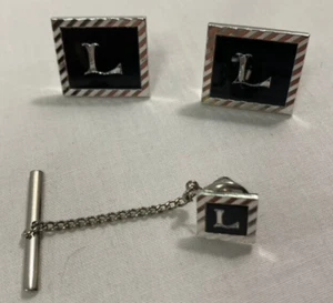 Swank "L" Monogram Silver Tone Enamel Slant Rectangle Cufflinks Tie Tac VTG~VGUC - Picture 1 of 6