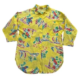 VTG 70s Loungees Womens 12/14 Yellow Snap Front Parrot Top Cover Up Cotton USA - Picture 1 of 9
