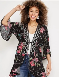 Maurices Floral Crochet Trim Kimono Black Size XXL Women's - Picture 1 of 6