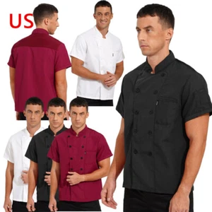 Men Women Short Sleeve Chef Coat Stand Collar T-Shirt Restaurant Cook Uniform - Picture 1 of 47