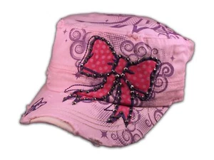 Red Bow on Pink Cadet Cap Distressed Military Army Hat - Picture 1 of 4