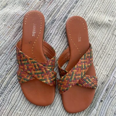 Vtg Sandals Womens 7 Slip On Open Toe Mules Rainbow Braided Cross Strap Pink - Image 1 of 4