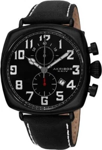 Akribos XXIV AK786BK Analog Display Leather Strap White Accent Black Mens Watch - Picture 1 of 5