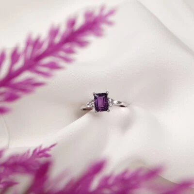 Anillo de compromiso Art Deco amatista natural chapado en oro blanco de 14K sobre plata 925 Foto 1 de 4