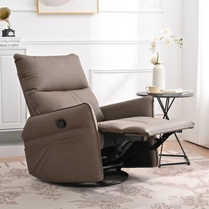 Manual Swivel Rocking Chair 360° Nursery Chair PU Faux Leather Upholstered Brown - Picture 1 of 10