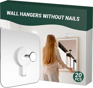 Picture Hangers Without Nails, A Set of 20 Adhesive Wall Hooks,No Clear - Picture 1 of 7