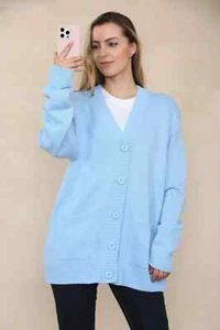 LADIES WOMEN GIRLS PLAIN CARDIGAN WITH BUTTONS KNITTED LONG SLEEVE WITH POCKETS - Picture 1 of 29