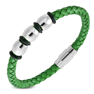 Pulsera Pulsera Trenzada Acero Inoxidable Tono Plateado Cuero Verde, 8" Foto 1 de 2
