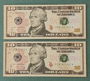 (2) 2017A 10 Dollar Bill US Banknote Consecutive # UNC NEW CRISP from BEP Strap - Picture 1 of 6