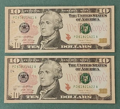 (2) 2017A 10 Dollar Bill US Banknote Consecutive # UNC NEW CRISP from BEP Strap - Image 1 of 4