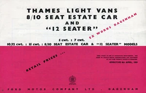 Ford Thames Light Vans, Estate Car, 12 seater Prices 1959 UK market brochure - Picture 1 of 1
