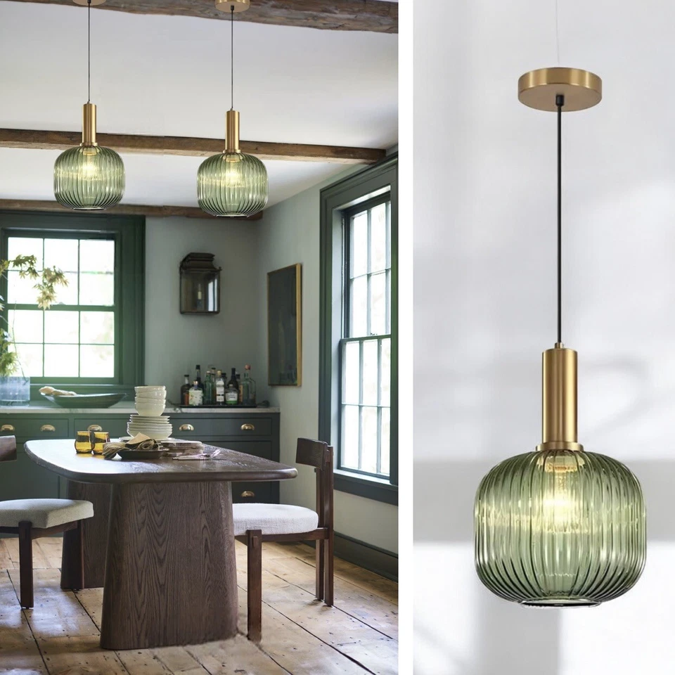 NEW West Elm Vintage Retro Green Glass Globe Hanging Gold Pendant Light Fixture - Image 1 of 4