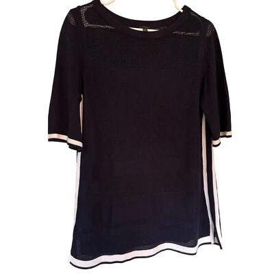 Talbots女式亚麻混纺毛衣小号海军蓝白色针织套衫上衣SS — 第 1/4 张图片