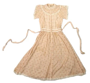 VTG 70s GUNNE SAX Women’s 2 XS Cottage Core Prairie Pink Lace Trim Midi Dress - Picture 1 of 9