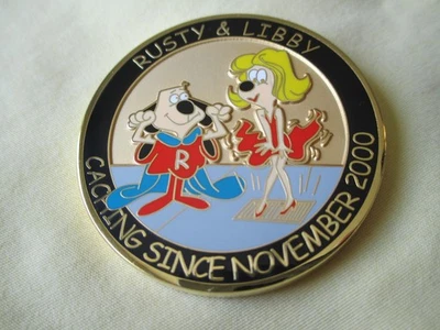 Cartoon Super Hero Personal Rusty & Libby's Geocoin Underdog + Polly Dog Coin - Image 1 of 3