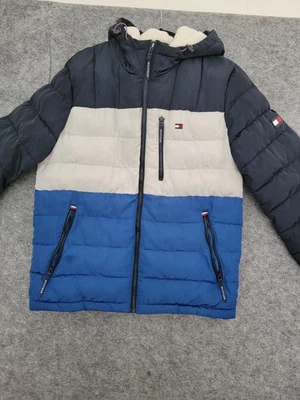 Tommy Hilfiger Chaqueta Acolchada Puffer Con Capucha Blanco Azul Rayas Talla Mediana  Foto 1 de 4