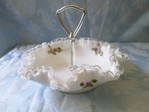 FENTON Handpainted Silver Crest Violets In The Snow Laced Edge Dish W/Handle - Picture 1 of 5