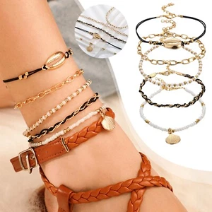 5PCS Cavigliere Boho Singolo Strato Donna Conchiglia Ciondolo Piedi Catene Perle Cavigliere - Foto 1 di 12