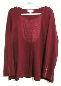 DressBarn Sz 22/24 Women's Red Burgandy Thermal Floral Embroidered Shirt Buttons - Picture 1 of 10