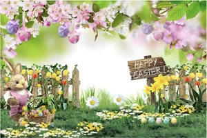 EASTER EGGS BUNNY RABBIT HUNT FLOWERS GARDEN PERSONALISED PARTY BANNER BACKDROP - Picture 1 of 4
