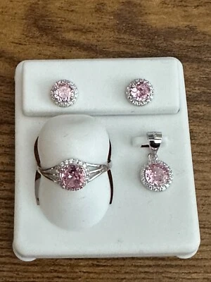 Pink Crystal 925 Sterling Silver Ring, Pendant & Earrings Combo Set - Size 7 - Image 1 of 4