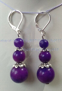 Charming Natural 6-8-12mm Round Purple Sugilite Gemstone Silver Dangle Earrings