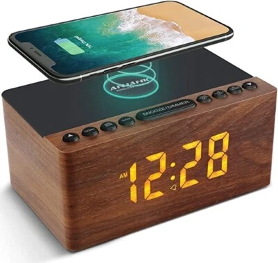 ANJANK FM Radio Alarm Clock Bedside Wooden with Wireless & USB Charging, speaker - Image 1 of 4
