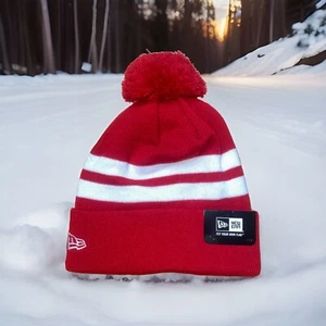New Era Knit Beanie Red & White Striped Cuffed w/ Pom Pom Adult Warm Hat - Picture 1 of 2