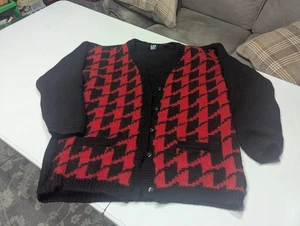 Maglione cardigan lana gap vintage donna nero e rosso pied de poule Y2k Large - Foto 1 di 7