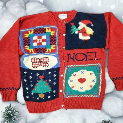 Vintage Deans UGLY Christmas Hand Knit Cardigan Sweater Santa Claus Noel sz L  - Image 1 of 4