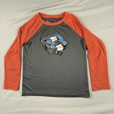 Camiseta Under Armour Niño Talla 7 Gris con Naranja Mangas Largas, Béisbol Deportes Gráfico Foto 1 de 4