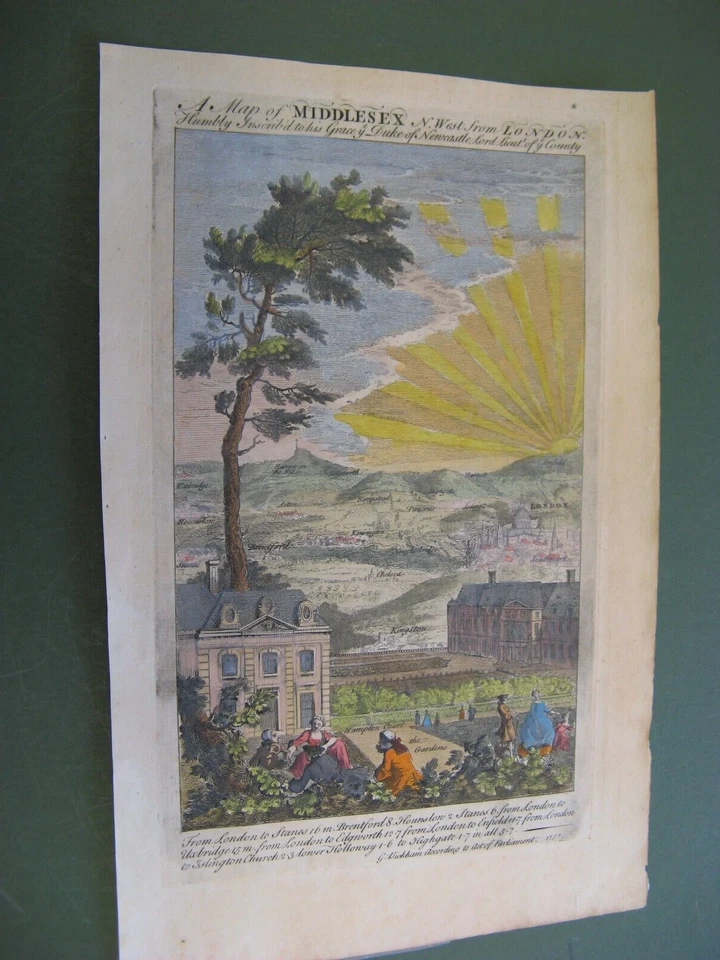 MAPA OJO PÁJARO 100% ORIGINAL MIDDLESEX LONDRES POR G BICKHAM C1751 COLOREADO A MANO Foto 1 de 1