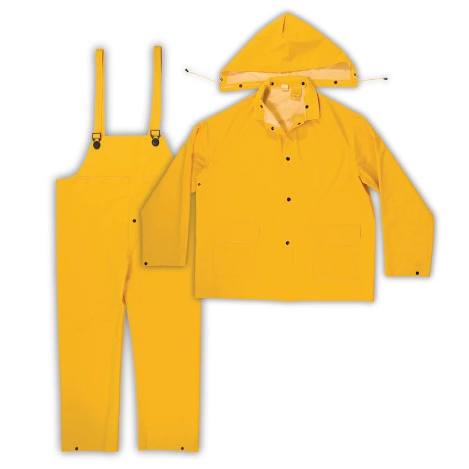 XLarge Yellow PVC Rain Suit Adjustable Overall Straps Detachable Hood Heavy Duty - Image 1 of 4