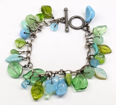 Blue Green Glass Cha Cha Charm Pewter Tone Toggle Bracelet Molded Leaves - Image 1 of 4
