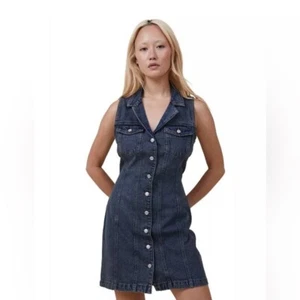 NWT COTTON ON Women's 90s Denim Mini Dress Size Small Dark Wash Collared Casual - Picture 1 of 9