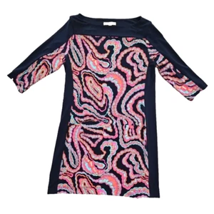 Banana Republic Navy Blue Paisley Sheath Dress Size Medium Stretch Boatneck Knee - Picture 1 of 16
