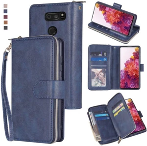 LG V30 V30+ Wallet Case 9 Card Zipper Slots Kickstand Flip Leather Phone Case - Picture 1 of 42