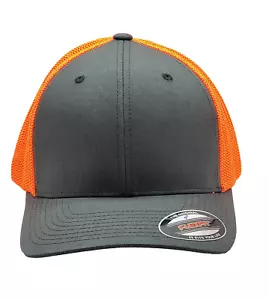 Brown & SAFETY Fluorescent ORANGE Mesh Back Flexfit Hat One Size Not Adjustable - Picture 1 of 10