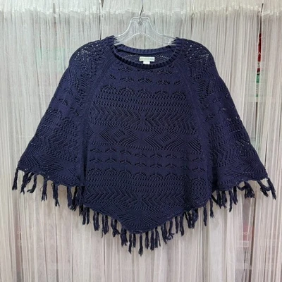 Garnet Hill Kids Navy Blue Knit Poncho Sweater Size XL Organic Cotton Fringe Hem - Image 1 of 4