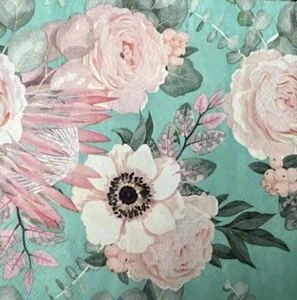 FREE SHIPPING 2 Decoupage Paper Napkins (Pink Flowers on Turquoise) - Picture 1 of 4