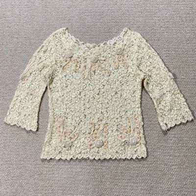 Blusa boho vintage hippy con cuentas para mujer 8 Reino Unido marfil golf encaje lentejuelas 3/4 Foto 1 de 4