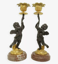 PAIR OF CANDLEHOLDERS PUTTI DECOR LOUIS XVI STYLE 19TH - BRONZE - FRENCH ANTIQUE