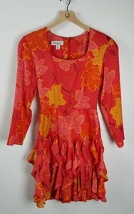 Vintage Gillian Women's Sz. 4 100% Silk Orange/Yellow Floral L/S Ruffle Dress - Picture 1 of 6
